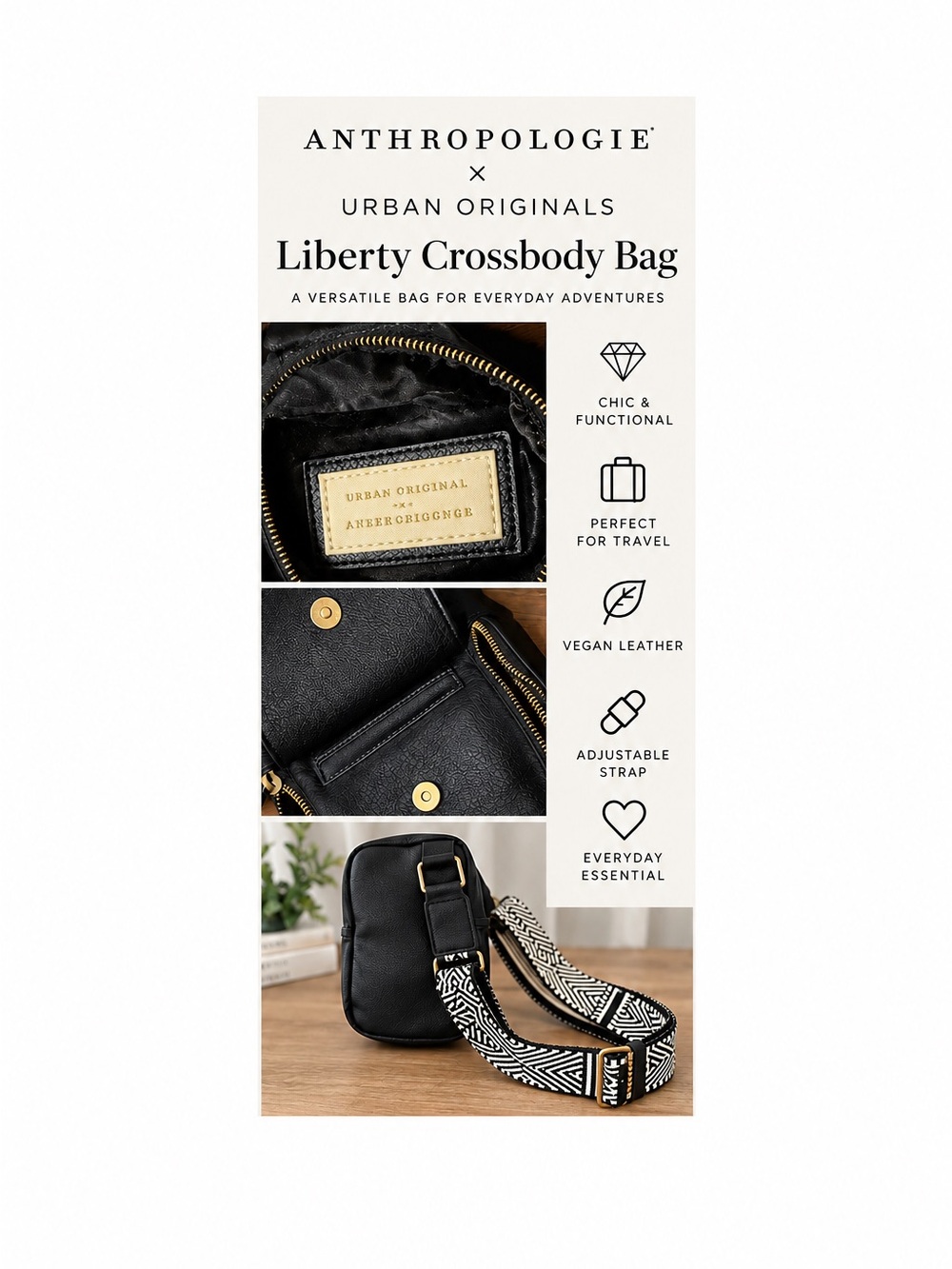 Anthropologie Black Leather Crossbody with Patterned Strap